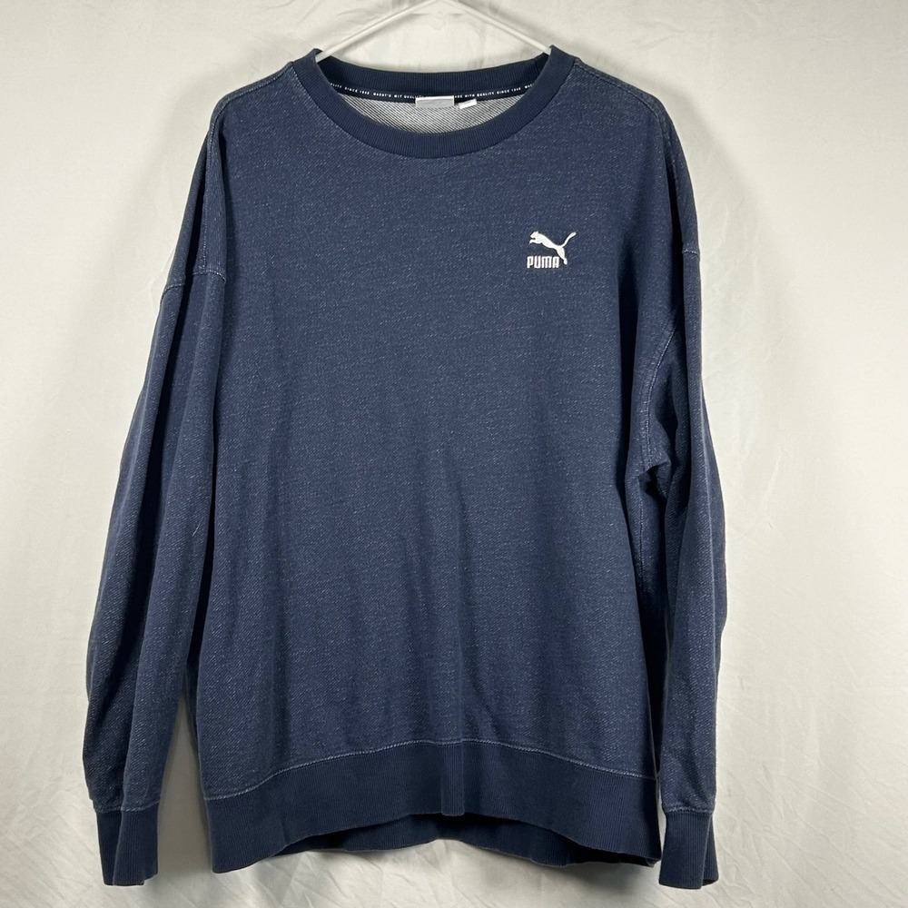 Puma Sweatshirt Mens XL Blue Embroidered Logo Heathered Crew Neck Pullover